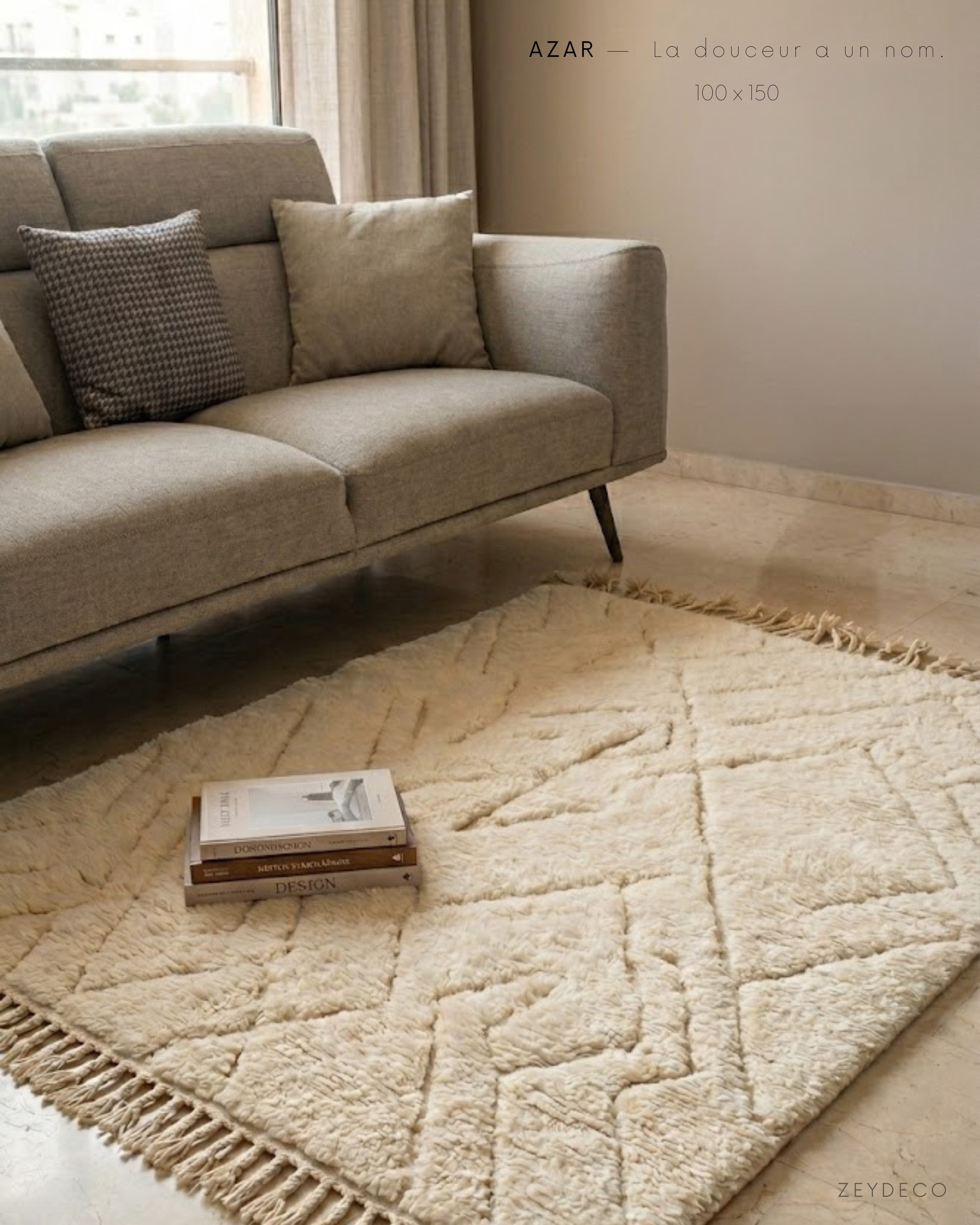 Tapis Beni Ourain AZAR — Petits Espaces | Laine Vierge Blanc Naturel Noué Main